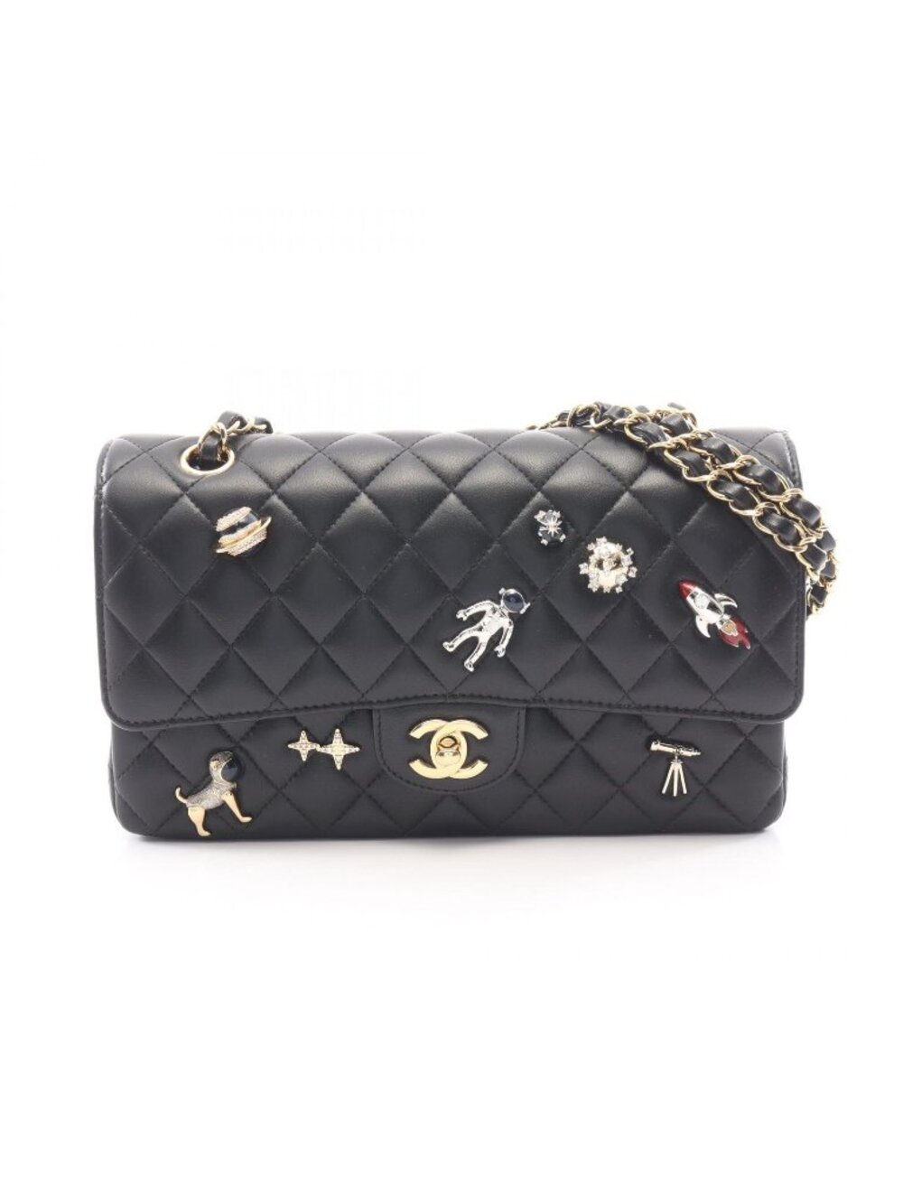 Chanel Shoulder Bag Quilted Double Flap Space Icon Black Lambskin Chain